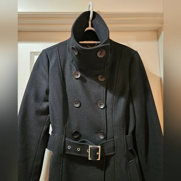 Guess Double Breast Wool Blend Coat Heavyweight Funnel Neck Belt Siz 6 Black EUC - Picture 12 of 15
